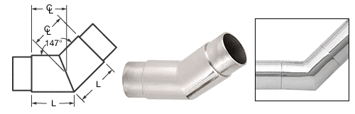 C.R. Laurence CRL Polished Stainless 147&amp;#176; Flush Angle for 2&quot; (50.8 mm) Tubing | HR20APS