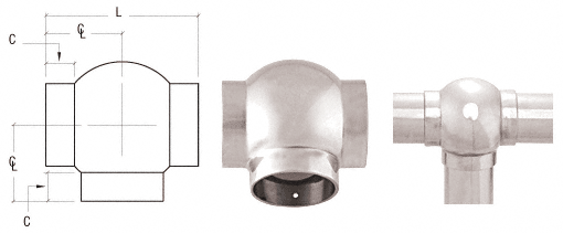 C.R. Laurence CRL Polished Stainless 3-5/16&quot; Ball Type Tee for 2&quot; Tubing | HR20BKPS