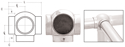 C.R. Laurence CRL Polished Stainless 3-5/16&quot; Ball Type Side Outlet Tee for 2&quot; Tubing | HR20BLPS