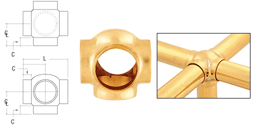 C.R. Laurence CRL Polished Brass 3-5/16&quot; Ball Type Side Outlet Crosses for 2&quot; Tubing | HR20BRPB