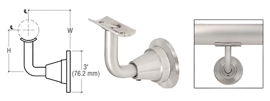 C.R. Laurence CRL Brushed Stainless 3-Way Adjustable Concealed Surface Mounted Hand Railing Bracket for 1-1/2&quot;, 1.9&quot;, 2&quot; Diameter Tubing | HR2DWBS