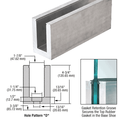 CRL Mill Aluminum 118-1/8&quot; (3 m) L25S Series Standard Square Base Shoe Drilled With 13/16&quot; Holes Pattern &quot;D&quot; for 1-1/16&quot; (25.52 mm) Laminated Tempered Glass - 10 ft Long | L25S10D