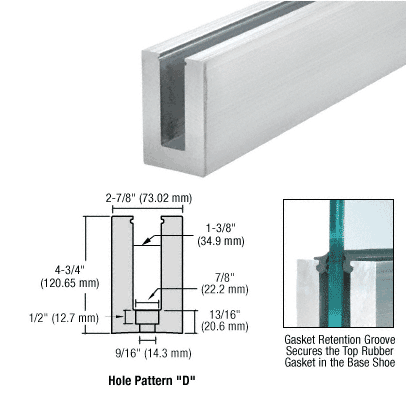CRL Mill Aluminum L56 Series Standard Square Base Shoe Drilled With 9/16&quot; Holes Pattern &quot;D&quot; for 9/16&quot; Laminated Tempered Glass - 10 ft Long | L56S10D