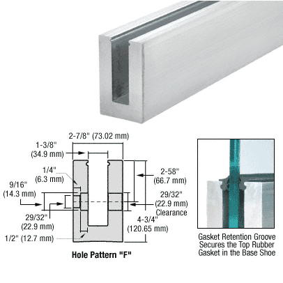 CRL Mill Aluminum L56 Series Standard Square Base Shoe Drilled With 9/16&quot; Fascia Holes Pattern &quot;F&quot; for 9/16&quot; Laminated Tempered Glass - 10 ft Long | L56S10F