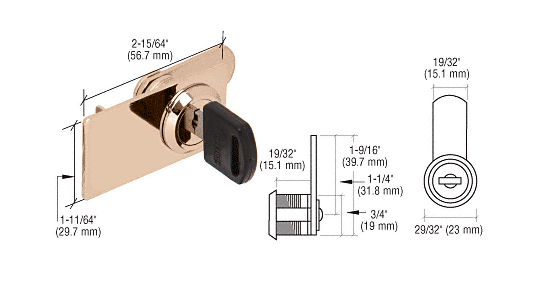 C.R. Laurence CRL Brass Plated Lock for Cabinet Swinging Glass Doors - Keyed Alike  | LK32KA