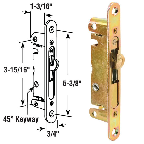 Sliding Glass Patio Door Mortise Latch with 45 Degree Keyway and Security Adaptor Plate, 5-1/4&quot; Screw Holes | Mortise Locks  | M1752397
