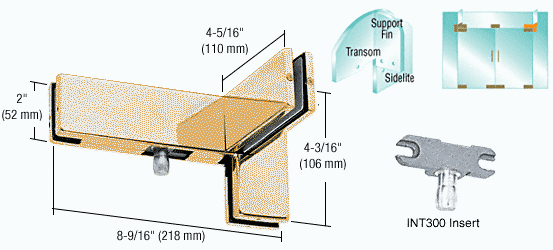 C.R. Laurence CRL Polished Brass Finish Left Hand Sidelite Transom Patch with Support Fin Bracket and INT300 Insert | PH41LBR