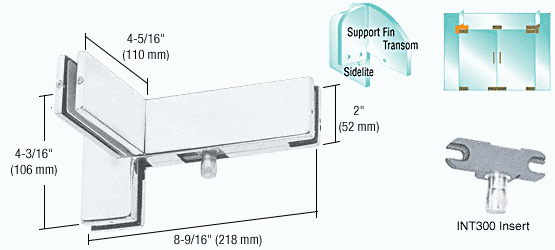 C.R. Laurence CRL Aluminum Finish Right Hand Sidelite Transom Patch with Support Fin Bracket and INT300 Insert | PH41RA