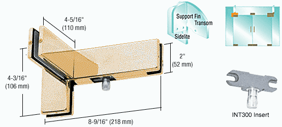 C.R. Laurence CRL Polished Brass Finish Right Hand Sidelite Transom Patch with Support Fin Bracket and INT300 Insert | PH41RBR