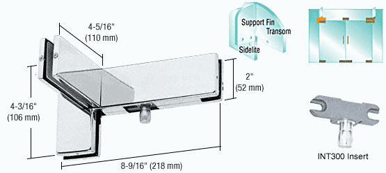 C.R. Laurence CRL Polished Stainless Finish Right Hand Sidelite Transom Patch with Support Fin Bracket and INT300 Insert | PH41RPS