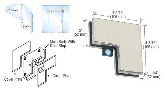 C.R. Laurence CRL Brushed Stainless Finish Sidelite Mounted Transom Patch with Reversible Door Stop | PH60BS