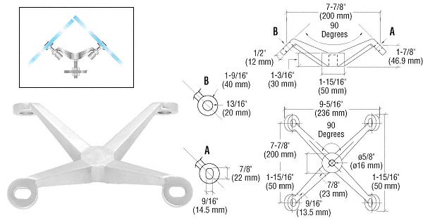 C.R. Laurence CRL Polished Stainless Heavy Duty 90 Degree 4-Way Column Mount Spider | PMH490PS