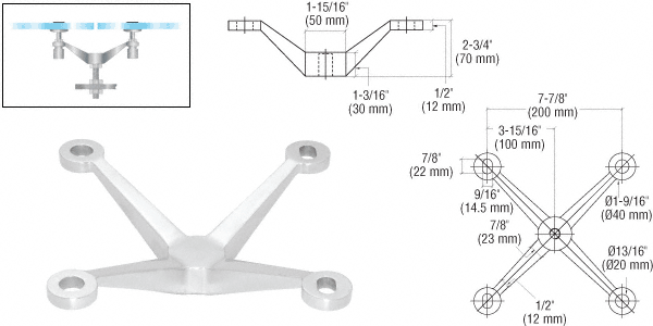 C.R. Laurence CRL Polished Stainless 4-Way Arm Heavy Duty Post Mount Spider Fitting | PMH4PS