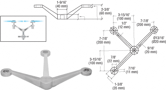 CRL Brushed Stainless Regular Duty 3-Way Arm Column Mount Spider | PMR3BS