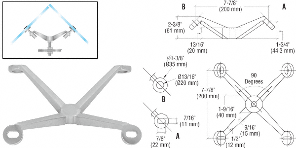 C.R. Laurence CRL Brushed Stainless Regular Duty 90 Degree 4-Way Arm Column Mount Spider | PMR490BS