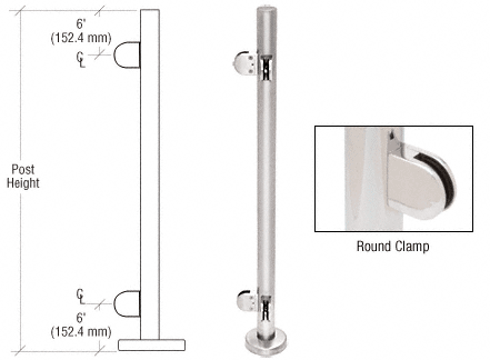 C.R. Laurence CRL 36&quot; Polished Stainless Steel Round Glass Clamp 90 Degree Corner Post Railing Kit | PR36LPS