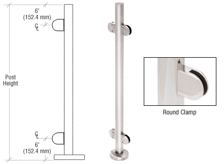 C.R. Laurence CRL 42&quot; Polished Stainless Steel Round Glass Clamp 180 Degree Center Post Railing Kit | PR42CPS