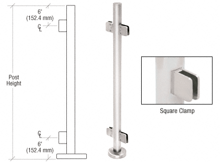 C.R. Laurence CRL 36&quot; Polished Stainless Steel Square Glass Clamp 180 Degree Center Post Railing Kit | PS36CPS