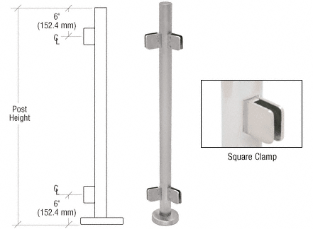 C.R. Laurence CRL 42&quot; Brushed Stainless Steel Square Glass Clamp 135 Degree Center Post Railing Kit | PS42ABS