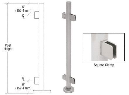 C.R. Laurence CRL 42&quot; Brushed Stainless Steel Square Glass Clamp 180 Degree Center Post Railing Kit | PS42CBS