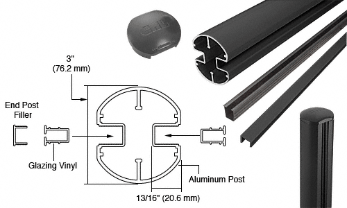 C.R. Laurence CRL AWS 3&quot; Diameter Round 180 Degree Matte Black 72&quot; End Post Kits | R72EKBL
