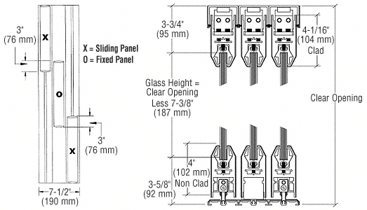 C.R. Laurence CRL Black XOX Format Sliding Door Entrance System - 4&quot; Top and Bottom Tapered Rail | SDR3DBL