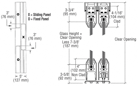 C.R. Laurence CRL Polished Stainless OXO Format Sliding Door Entrance System - 4&quot; Top and Bottom Tapered Rail | SDR3EPS