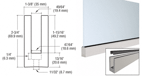 C.R. Laurence CRL Mill Aluminum 240&quot; Small Profile Windscreen Base Shoe for 3/8&quot; (10 mm) or 1/2&quot; (12 mm) Glass - With Drilled Holes | W5B20D