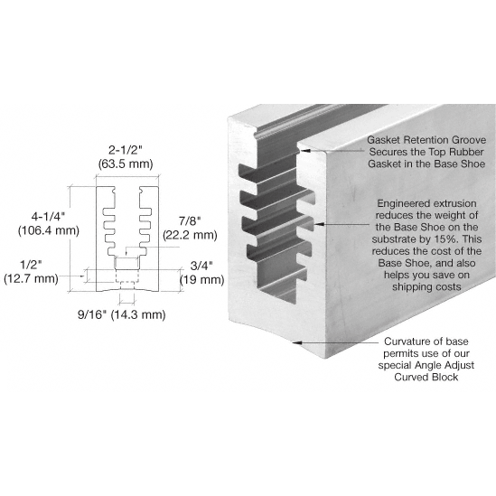 CRL B5A Series Hole Pattern &quot;D&quot; 12&quot; (305 mm) C.T.C. Bottom Mount SurfaceMate Square Base Shoe - 10 ft Long | B5A10D