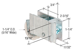 Sliding Glass Door Roller, 3/4&quot; Wide Housing, 1-1/4&quot; Nylon Ball Bearing - Package | D1953