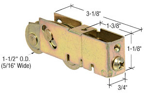 C.R. Laurence Sliding Glass Patio Door Roller, 1-1/2&quot; Tandem Steel Ball Bearing Wheels, 3/4&quot; Wide Housing - Package | D1984