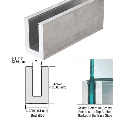 CRL Mill Aluminum 118-1/8&quot; (3 m) L21S Series Standard Square Base Shoe Drilled With 9/16&quot; Fascia Holes Pattern &quot;F&quot; for 21.52mm Laminated Tempered Glass - 10 ft Long | L21S10