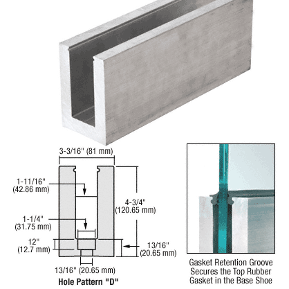 CRL Mill Aluminum 118-1/8&quot; (3 m) L21S Series Standard Square Base Shoe Drilled With 13/16&quot; Holes Pattern &quot;D&quot; for 27/32&quot; (21.52 mm) Laminated Tempered Glass - 10 ft Long | L21S10D
