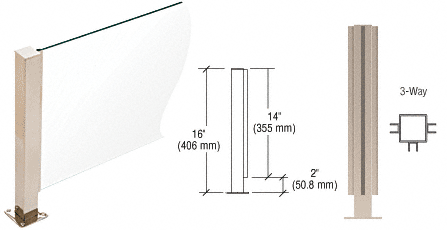 C.R. Laurence CRL Brushed Stainless 16&quot; High 1-1/2&quot; Square PP41 Series Counter/Partition 3-Way Post | PP41TBS