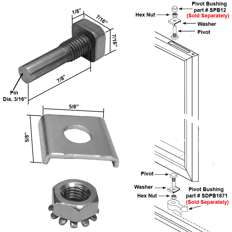 Shower Door Stainless Steel Pivot Pin with Hex-Nut and Washer for Pivot Shower Doors | PPHW3