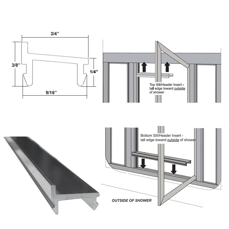 Framed Shower Door Snap-in Bottom Sill or Snap-in Header Insert - 36 in long | HS716GRY