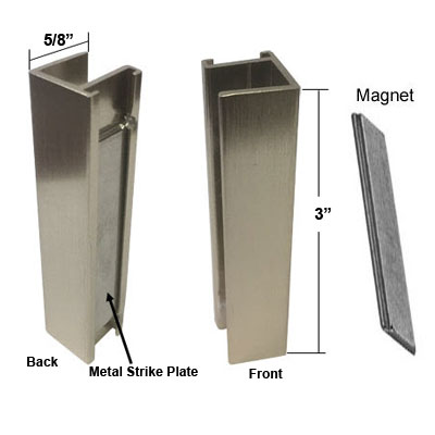 Shower Door U-Channel with Metal Strike Plate for 3/8&quot; and 5/16&quot; Glass - Brushed Nickel and Magnet - Set | SMA38BNK