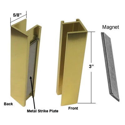 Shower Door U-Channel with Metal Strike Plate for 3/8&quot; and 5/16&quot; Glass - Bright Gold and Magnet - Set | SMA38BGK