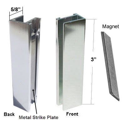 Shower Door U-Channel with Metal Strike Plate for 3/8&quot; and 5/16&quot; Glass - Bright Chrome and Magnet - Set | SMA38WK