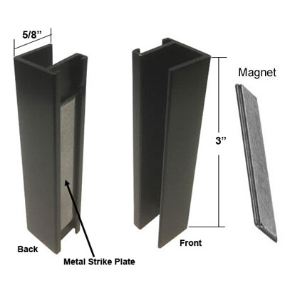 Shower Door U-Channel with Metal Strike Plate for 3/8&quot; and 5/16&quot; Glass - Dark Bronze and Magnet - Set | SMA38DBZK